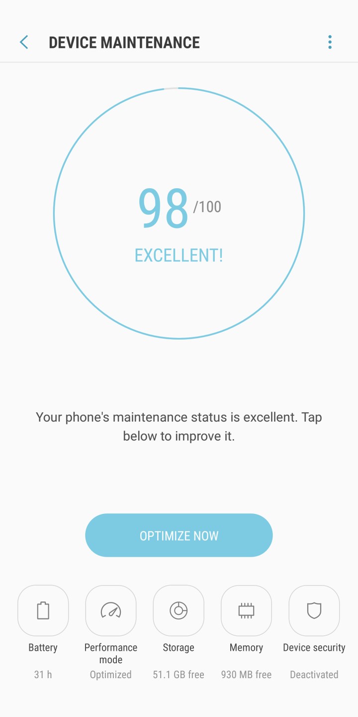 Chức năng kiểm tra và báo cáo tình trạng của điện thoại theo thang điểm 100 của Device Care.